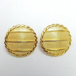 Vintage Crown Trifari Gold Tone Circle Dome Shape Clip On Earrings Stripe Design